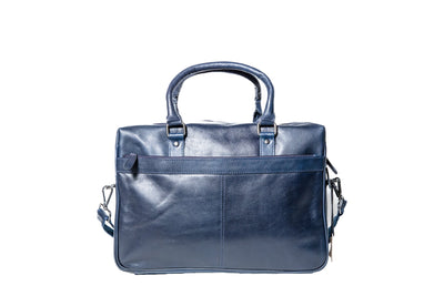 An image of a dark blue leather laptop bag is shown. The bag has a sleek, professional look with a shiny finish. It has a zippered main compartment for the laptop and additional pockets for accessories such as a mouse or charger. The bag has a long strap for carrying over the shoulder or crossbody, and two shorter handles for carrying by hand. The leather appears to be of high quality and the bag seems to be well-made.